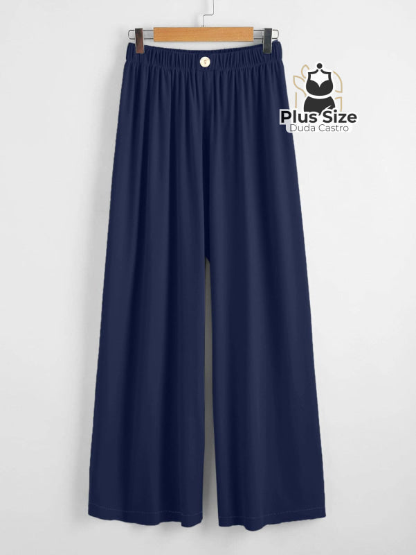 Calça Lisa Com Coz Elático E Botão Várias Cores Plus Size G / Azul Marinho Calça