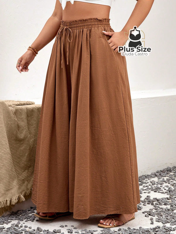 Calça De Algodão Perna Larga Com Nó Frontal Plus Size