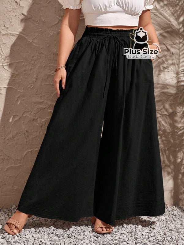Calça de Algodão Perna Larga com Nó Frontal Plus Size Calça de Algodão Perna Larga com Nó Frontal Plus Size