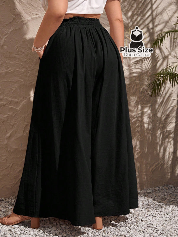 Calça de Algodão Perna Larga com Nó Frontal Plus Size Calça de Algodão Perna Larga com Nó Frontal Plus Size