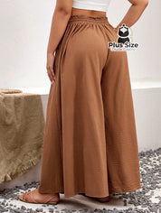 Calça De Algodão Perna Larga Com Nó Frontal Plus Size