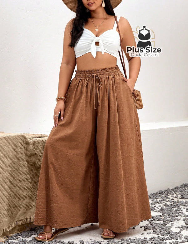 Calça De Algodão Perna Larga Com Nó Frontal Plus Size