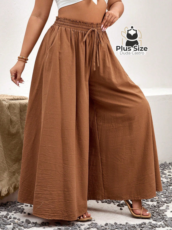 Calça De Algodão Perna Larga Com Nó Frontal Plus Size