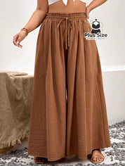 Calça De Algodão Perna Larga Com Nó Frontal Plus Size