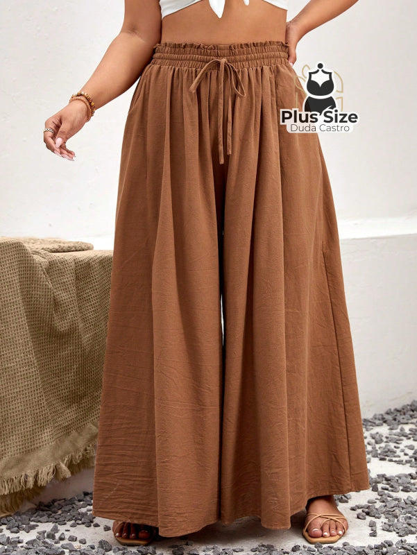 Calça De Algodão Perna Larga Com Nó Frontal Plus Size