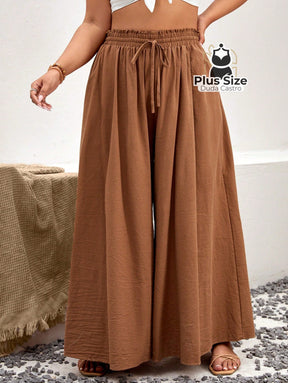 Calça De Algodão Perna Larga Com Nó Frontal Plus Size