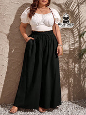 Calça de Algodão Perna Larga com Nó Frontal Plus Size Calça de Algodão Perna Larga com Nó Frontal Plus Size