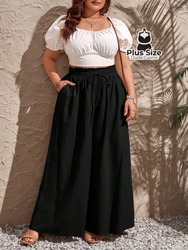 Calça de Algodão Perna Larga com Nó Frontal Plus Size Calça de Algodão Perna Larga com Nó Frontal Plus Size