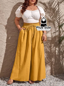 Calça De Algodão Perna Larga Com Nó Frontal Plus Size G / Amarelo