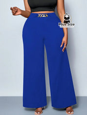 Calça de Perna Larga com Alta Elasticidade e Detalhes em Cinto Embutido Plus Size Várias Cores Calça de Perna Larga com