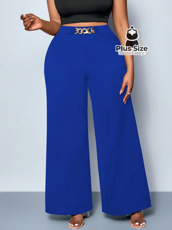 Calça de Perna Larga com Alta Elasticidade e Detalhes em Cinto Embutido Plus Size Várias Cores Calça de Perna Larga com