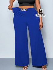 Calça de Perna Larga com Alta Elasticidade e Detalhes em Cinto Embutido Plus Size Várias Cores Calça de Perna Larga com