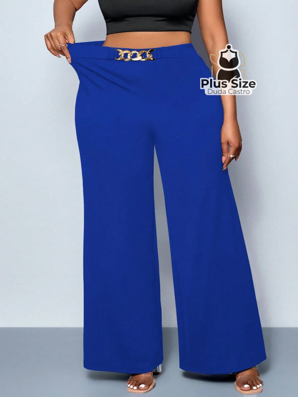 Calça de Perna Larga com Alta Elasticidade e Detalhes em Cinto Embutido Plus Size Várias Cores Calça de Perna Larga com