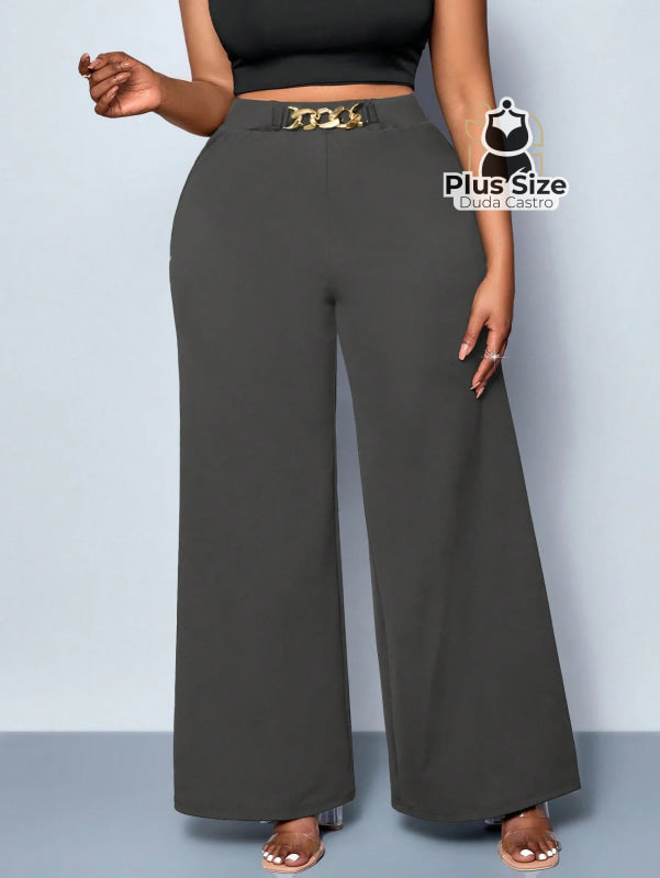 Calça de Perna Larga com Alta Elasticidade e Detalhes em Cinto Embutido Plus Size Várias Cores Calça de Perna Larga com