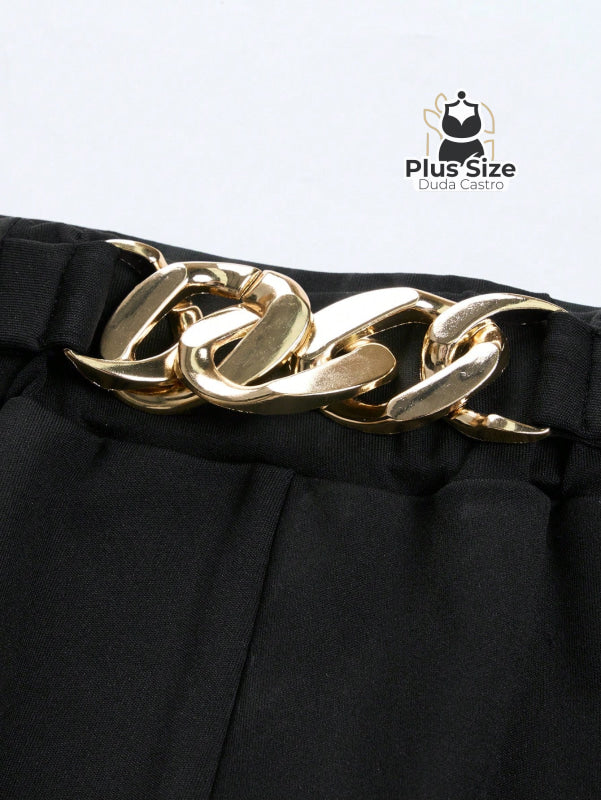 Calça de Perna Larga com Alta Elasticidade e Detalhes em Cinto Embutido Plus Size Várias Cores Calça de Perna Larga com