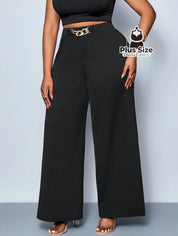 Calça de Perna Larga com Alta Elasticidade e Detalhes em Cinto Embutido Plus Size Várias Cores Calça de Perna Larga com