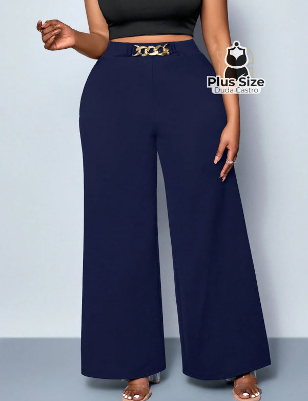 Calça de Perna Larga com Alta Elasticidade e Detalhes em Cinto Embutido Plus Size Várias Cores Calça de Perna Larga com