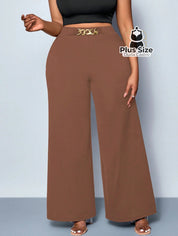 Calça de Perna Larga com Alta Elasticidade e Detalhes em Cinto Embutido Plus Size Várias Cores Calça de Perna Larga com