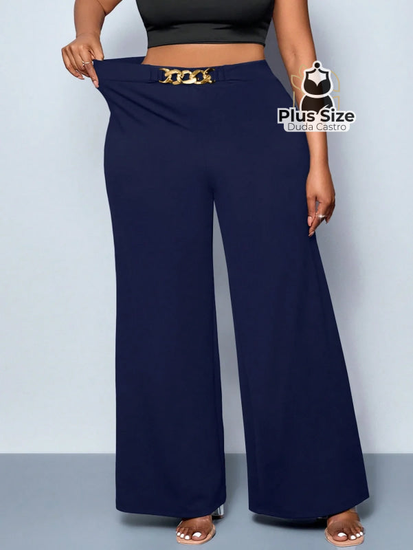 Calça de Perna Larga com Alta Elasticidade e Detalhes em Cinto Embutido Plus Size Várias Cores Calça de Perna Larga com