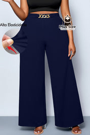 Calça de Perna Larga com Alta Elasticidade e Detalhes em Cinto Embutido Plus Size Várias Cores Azul Marinho / G Calça