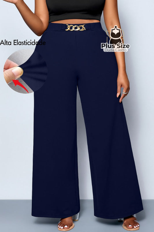 Calça de Perna Larga com Alta Elasticidade e Detalhes em Cinto Embutido Plus Size Várias Cores Azul Marinho / G Calça