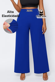 Calça de Perna Larga com Alta Elasticidade e Detalhes em Cinto Embutido Plus Size Várias Cores Azul Royal / G Calça de