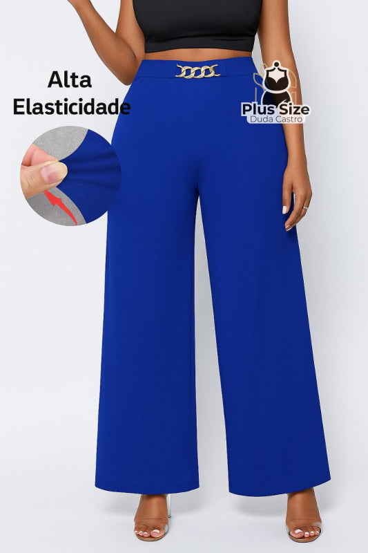 Calça de Perna Larga com Alta Elasticidade e Detalhes em Cinto Embutido Plus Size Várias Cores Azul Royal / G Calça de