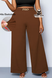Calça de Perna Larga com Alta Elasticidade e Detalhes em Cinto Embutido Plus Size Várias Cores Café / G Calça de Perna