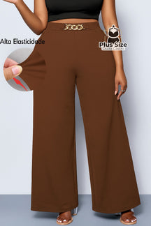 Calça de Perna Larga com Alta Elasticidade e Detalhes em Cinto Embutido Plus Size Várias Cores Café / G Calça de Perna