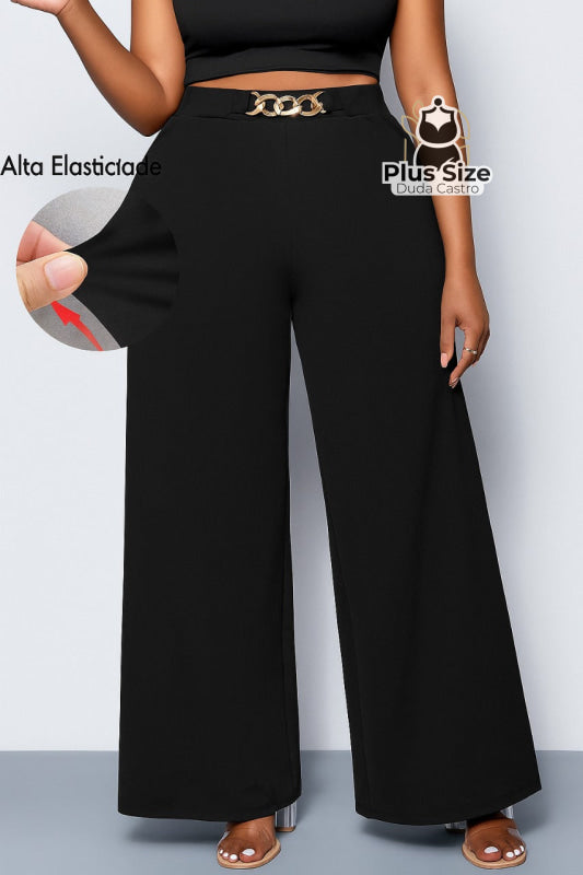 Calça de Perna Larga com Alta Elasticidade e Detalhes em Cinto Embutido Plus Size Várias Cores Preto / G Calça de Perna