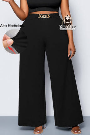 Calça de Perna Larga com Alta Elasticidade e Detalhes em Cinto Embutido Plus Size Várias Cores Preto / G Calça de Perna