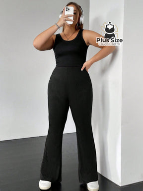 Calça de Tricô de Malha Flare Plus Size Calça de Tricô de Malha Flare Plus Size