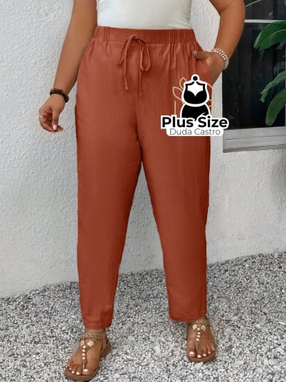 Calças Em Linho Cintura Elástica E Bolsos 100% Algodão Plus Size Várias Cores Calça