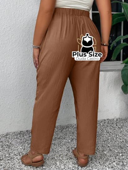 Calças Em Linho Cintura Elástica E Bolsos 100% Algodão Plus Size Várias Cores Calça