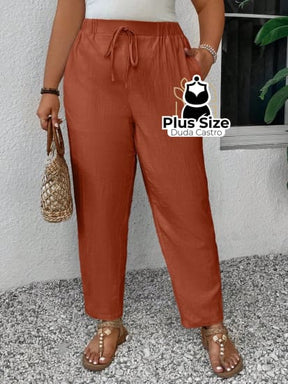 Calças Em Linho Cintura Elástica E Bolsos 100% Algodão Plus Size Várias Cores Calça