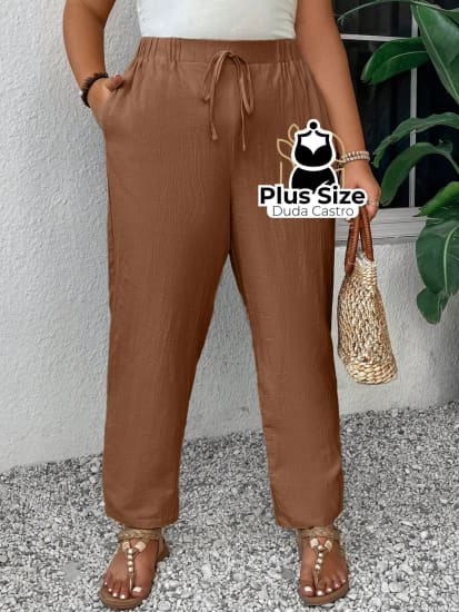 Calças Em Linho Cintura Elástica E Bolsos 100% Algodão Plus Size Várias Cores Calça