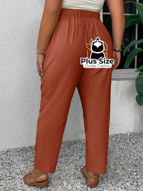 Calças Em Linho Cintura Elástica E Bolsos 100% Algodão Plus Size Várias Cores Calça