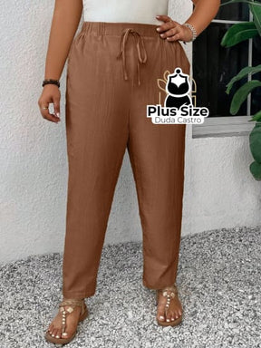 Calças Em Linho Cintura Elástica E Bolsos 100% Algodão Plus Size Várias Cores Calça