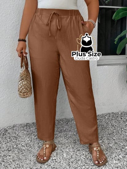 Calças Em Linho Cintura Elástica E Bolsos 100% Algodão Plus Size Várias Cores G / Café Calça