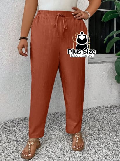 Calças Em Linho Cintura Elástica E Bolsos 100% Algodão Plus Size Várias Cores G / Marrom Calça