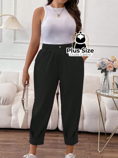 Plussize Calça Lisa Com Bolso G / Preto Calça