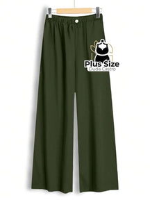 Calça Lisa Com Coz Elático E Botão Várias Cores Plus Size G / Verde Militar Calça