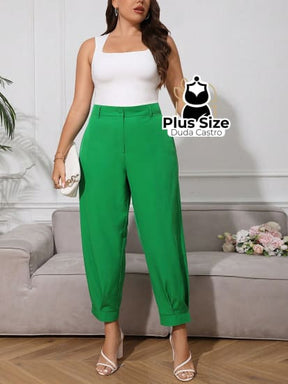 Plussize Calça Lisa De Botão Cintura Alta Cigarrete G / Verde