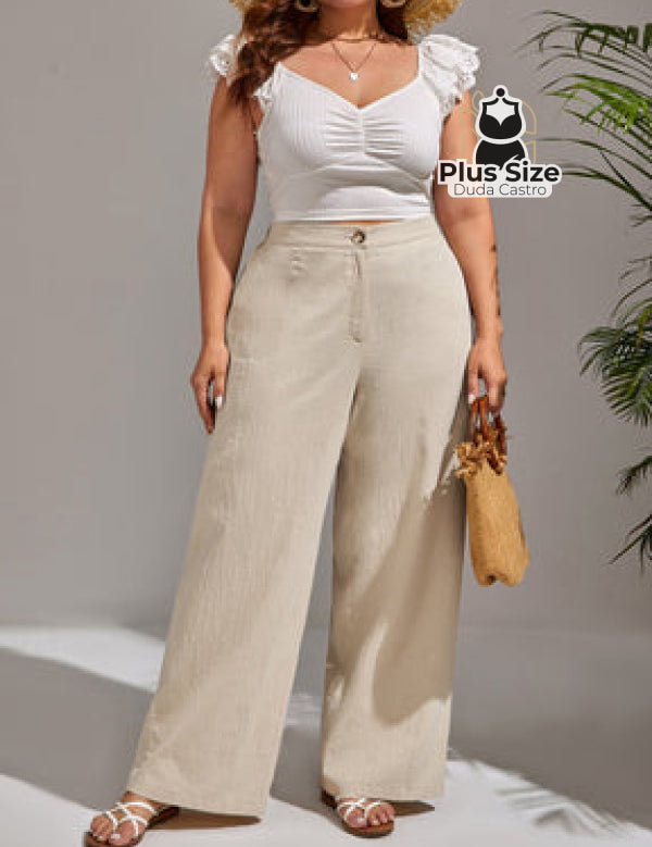 Plussize Calça Algodão Lisa De Botão Perna Reta