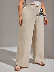 Calça Algodão Lisa De Botão Perna Reta Plus Size