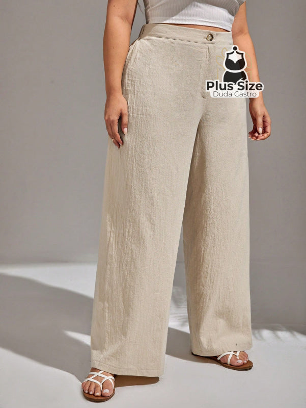 Calça Algodão Lisa De Botão Perna Reta Plus Size