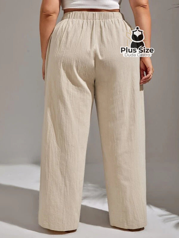 Plussize Calça Algodão Lisa De Botão Perna Reta