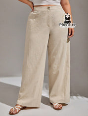 Plussize Calça Algodão Lisa De Botão Perna Reta G / Creme