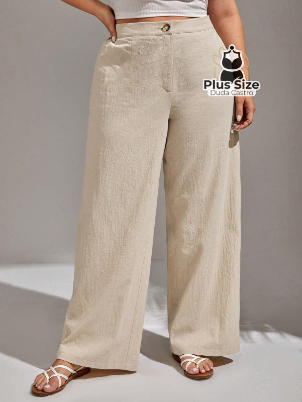 Plussize Calça Algodão Lisa De Botão Perna Reta G / Creme