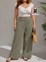 Calça Lisa de Botão Perna Reta Plus Size G / Verde Calça Lisa de Botão Perna Reta Plus Size